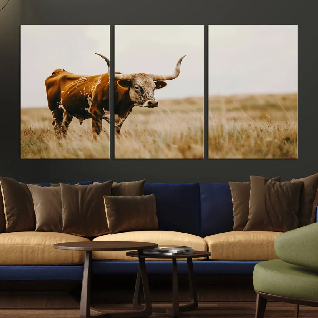 The Texas Cow Wall Art Canvas Print enhances the space, offering a captivating touch of farmhouse style.