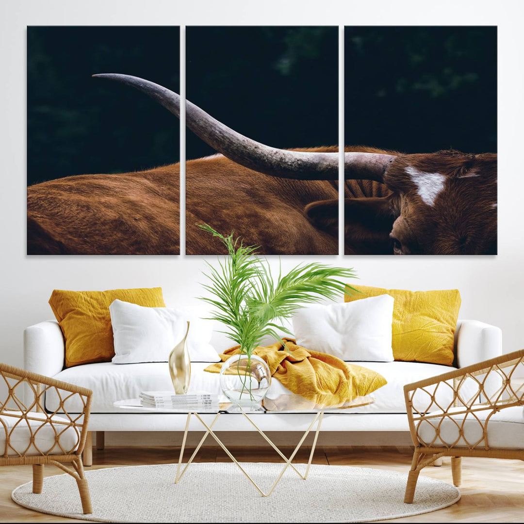 Texas Longhorn Bull Wall Art Canvas Print - Large Framed Canvas Wall Art, Farmhouse Cabin Wall Decor, Bull Wall Art Canvas Print