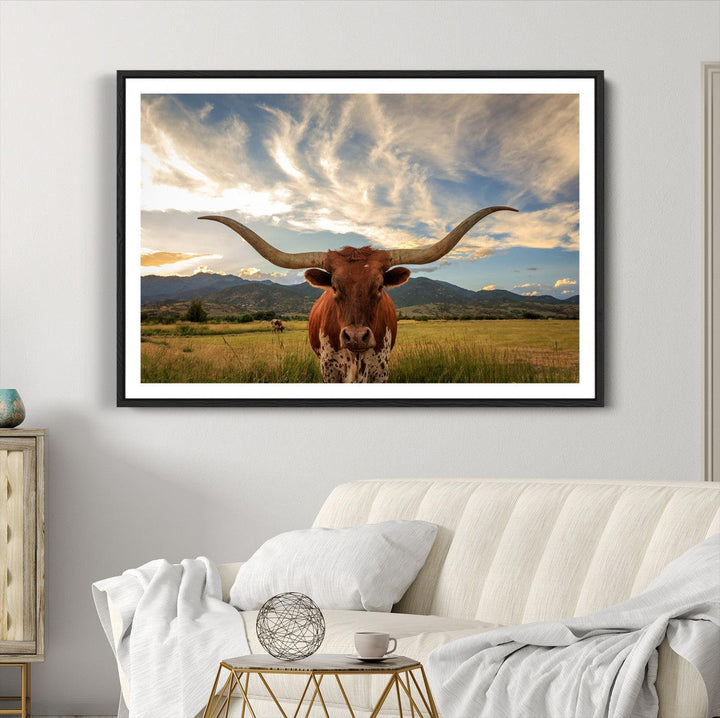 55416-MGC-FP-36x24_Black-Texas Longhorn Canvas Wall Art – Majestic Triptych Animal Print – Rustic Western Decor for Living Room or Office – Ready to Hang
