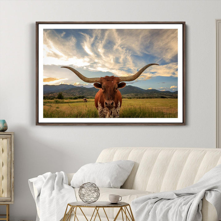 Texas Longhorn Canvas Wall Art – Majestic Triptych Animal Print – Rustic Western Decor for Living Room or Office – Ready to Hang