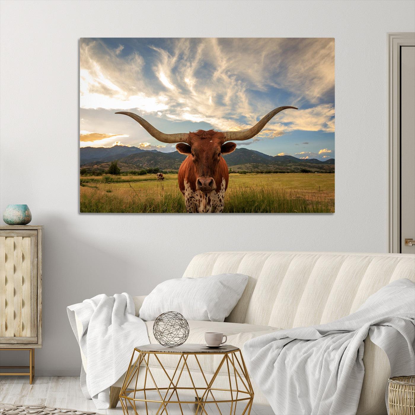Texas Longhorn Canvas Wall Art – Majestic Triptych Animal Print – Rustic Western Decor for Living Room or Office – Ready to Hang