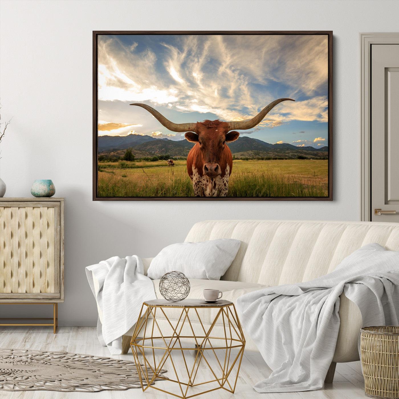 Texas Longhorn Canvas Wall Art – Majestic Triptych Animal Print – Rustic Western Decor for Living Room or Office – Ready to Hang