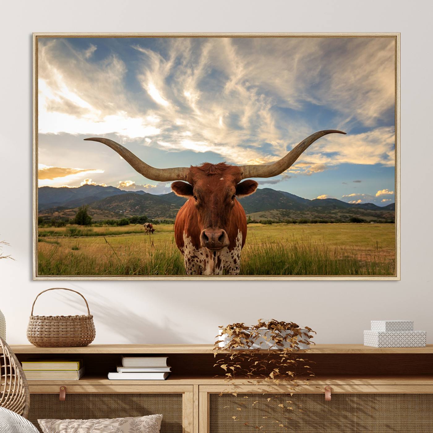 Texas Longhorn Canvas Wall Art – Majestic Triptych Animal Print – Rustic Western Decor for Living Room or Office – Ready to Hang