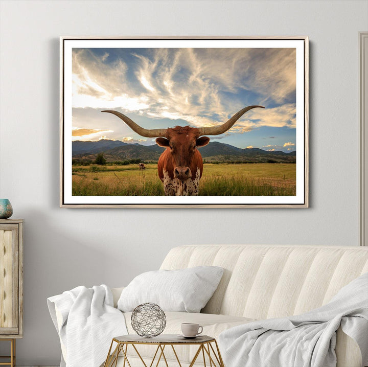 55416-MGV-CV-36X24-Texas Longhorn Canvas Wall Art – Majestic Triptych Animal Print – Rustic Western Decor for Living Room or Office – Ready to Hang