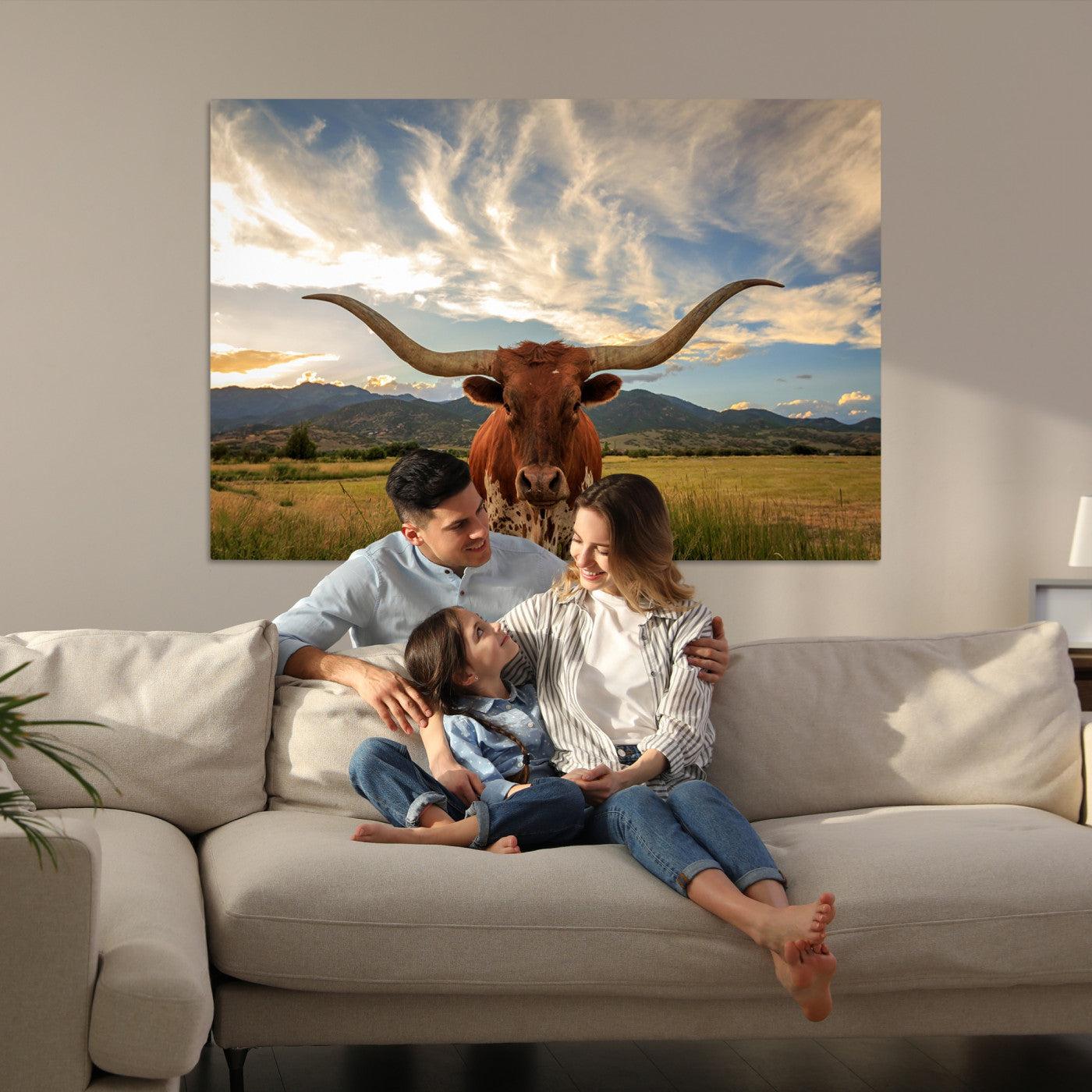 Texas Longhorn Canvas Wall Art – Majestic Triptych Animal Print – Rustic Western Decor for Living Room or Office – Ready to Hang