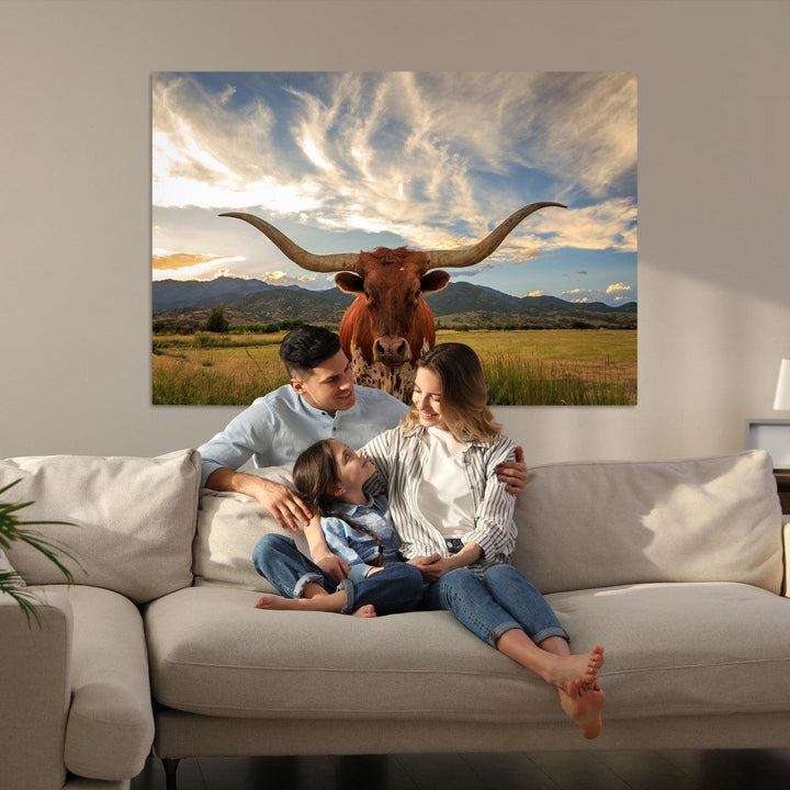Texas Longhorn Canvas Wall Art – Majestic Triptych Animal Print – Rustic Western Decor for Living Room or Office – Ready to Hang
