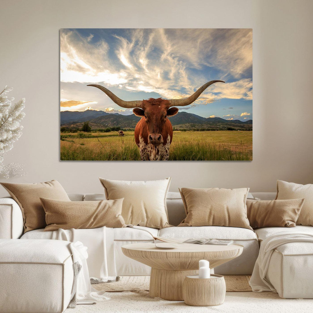 Texas Longhorn Canvas Wall Art – Majestic Triptych Animal Print – Rustic Western Decor for Living Room or Office – Ready to Hang