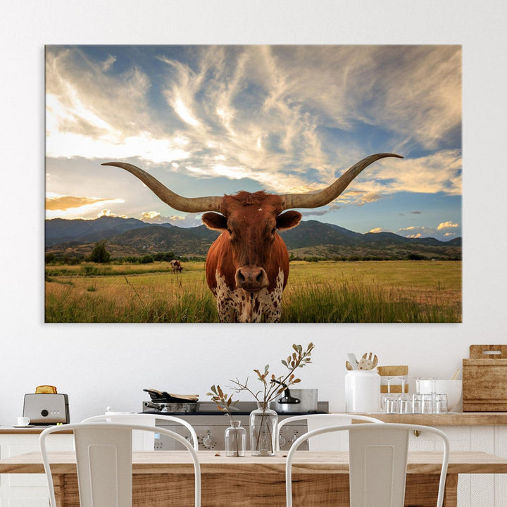 Texas Longhorn Canvas Wall Art – Majestic Triptych Animal Print – Rustic Western Decor for Living Room or Office – Ready to Hang