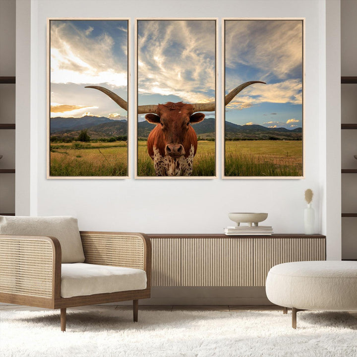 55416-MGV-FC-60X40-3P_Natural-Texas Longhorn Canvas Wall Art – Majestic Triptych Animal Print – Rustic Western Decor for Living Room or Office – Ready to Hang