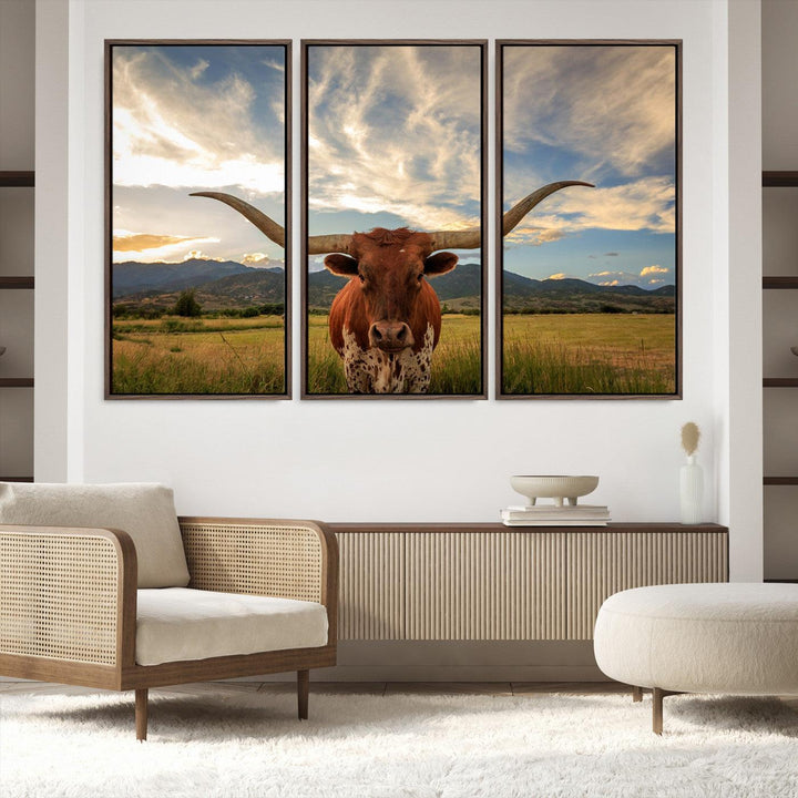 55416-MGV-FC-60X40-3P_Walnut-Texas Longhorn Canvas Wall Art – Majestic Triptych Animal Print – Rustic Western Decor for Living Room or Office – Ready to Hang