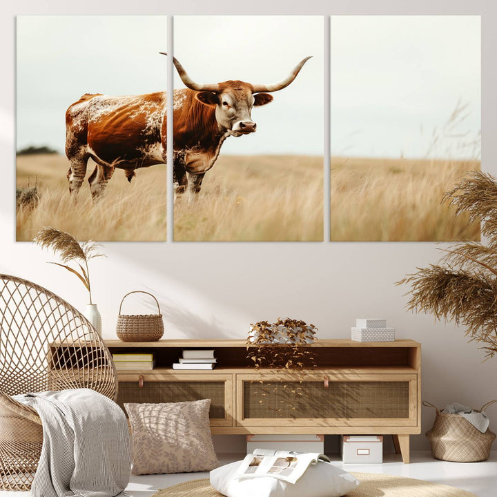62910-MGV-CV-36X24-Texas Longhorn Canvas Wall Art Print – Majestic Western Cattle in Rustic Farmhouse Decor – Cow Wall Art Cowboy-Themed Living Room, Office,