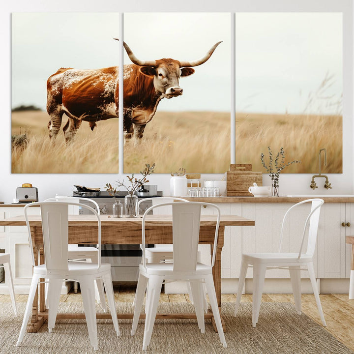 62910-MGV-CV-36X24-Texas Longhorn Canvas Wall Art Print – Majestic Western Cattle in Rustic Farmhouse Decor – Cow Wall Art Cowboy-Themed Living Room, Office,