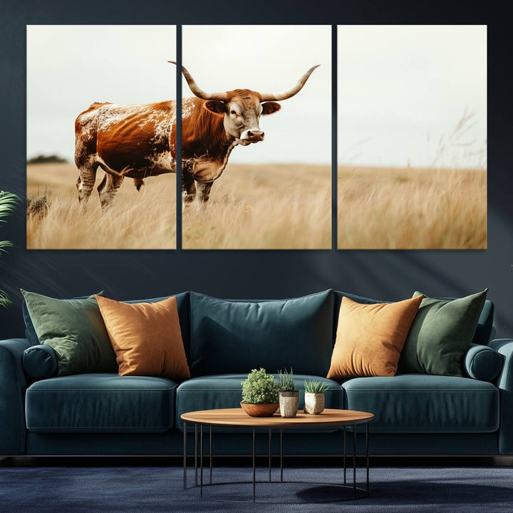 62910-MGV-CV-36X24-Texas Longhorn Canvas Wall Art Print – Majestic Western Cattle in Rustic Farmhouse Decor – Cow Wall Art Cowboy-Themed Living Room, Office,
