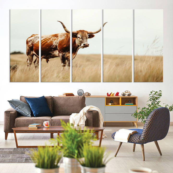 62910-MGV-CV-36X24-Texas Longhorn Canvas Wall Art Print – Majestic Western Cattle in Rustic Farmhouse Decor – Cow Wall Art Cowboy-Themed Living Room, Office,