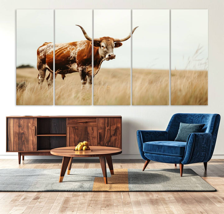 62910-MGV-CV-36X24-Texas Longhorn Canvas Wall Art Print – Majestic Western Cattle in Rustic Farmhouse Decor – Cow Wall Art Cowboy-Themed Living Room, Office,