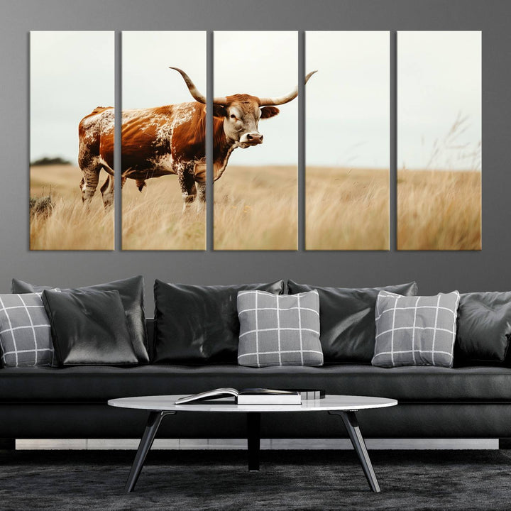 62910-MGV-CV-36X24-Texas Longhorn Canvas Wall Art Print – Majestic Western Cattle in Rustic Farmhouse Decor – Cow Wall Art Cowboy-Themed Living Room, Office,