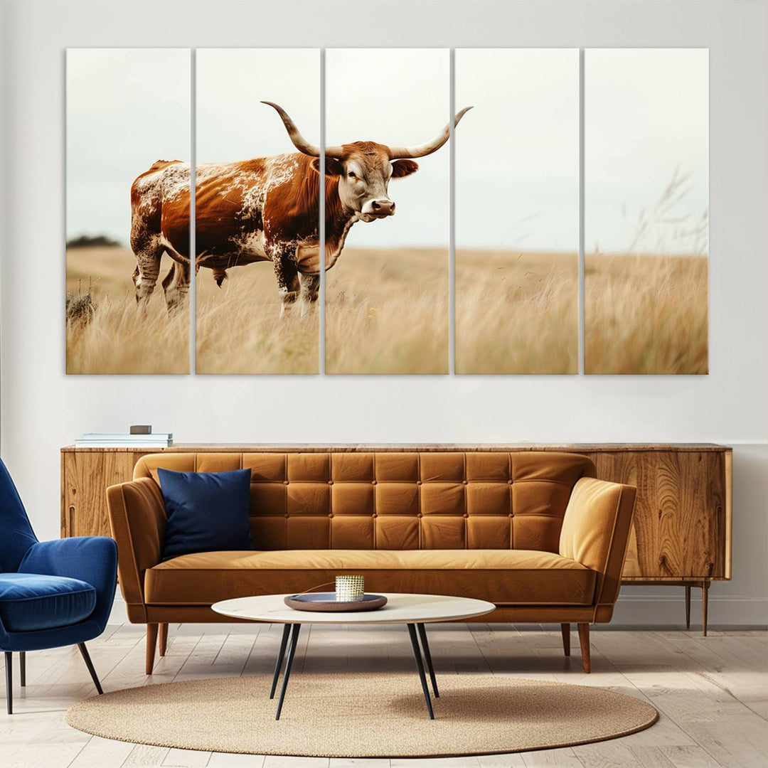 62910-MGV-CV-36X24-Texas Longhorn Canvas Wall Art Print – Majestic Western Cattle in Rustic Farmhouse Decor – Cow Wall Art Cowboy-Themed Living Room, Office,