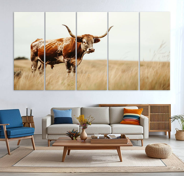 62910-MGV-CV-36X24-Texas Longhorn Canvas Wall Art Print – Majestic Western Cattle in Rustic Farmhouse Decor – Cow Wall Art Cowboy-Themed Living Room, Office,