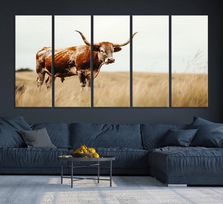 62910-MGV-CV-36X24-Texas Longhorn Canvas Wall Art Print – Majestic Western Cattle in Rustic Farmhouse Decor – Cow Wall Art Cowboy-Themed Living Room, Office,