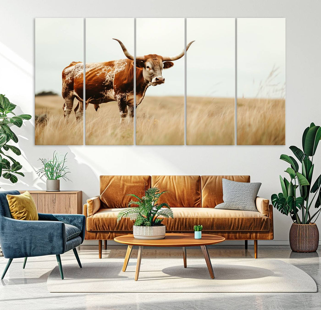 62910-MGV-CV-36X24-Texas Longhorn Canvas Wall Art Print – Majestic Western Cattle in Rustic Farmhouse Decor – Cow Wall Art Cowboy-Themed Living Room, Office,