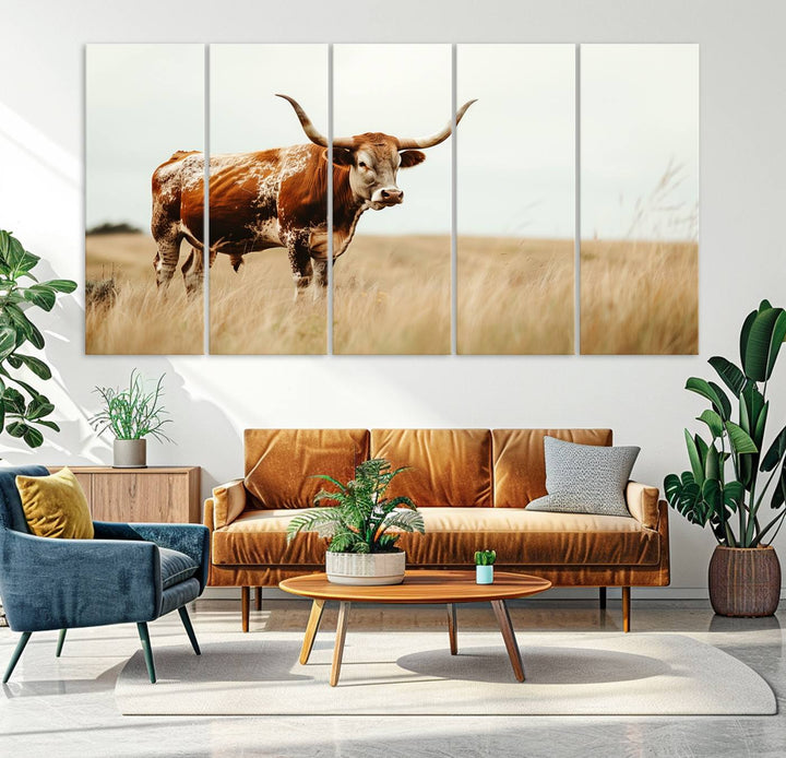 62910-MGV-CV-36X24-Texas Longhorn Canvas Wall Art Print – Majestic Western Cattle in Rustic Farmhouse Decor – Cow Wall Art Cowboy-Themed Living Room, Office,