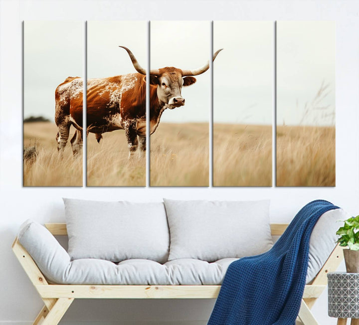 62910-MGV-CV-36X24-Texas Longhorn Canvas Wall Art Print – Majestic Western Cattle in Rustic Farmhouse Decor – Cow Wall Art Cowboy-Themed Living Room, Office,