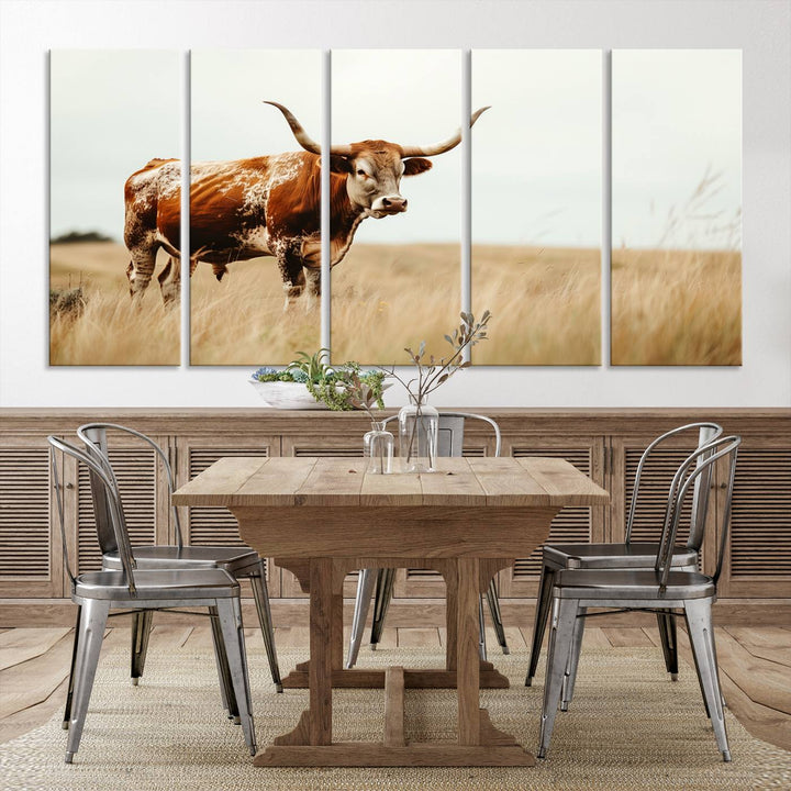 62910-MGV-CV-36X24-Texas Longhorn Canvas Wall Art Print – Majestic Western Cattle in Rustic Farmhouse Decor – Cow Wall Art Cowboy-Themed Living Room, Office,
