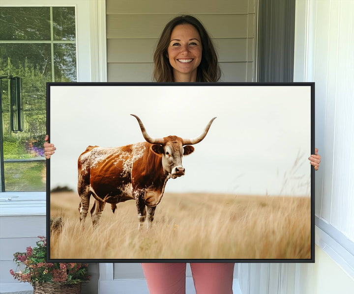 62910-MGV-CV-36X24-Texas Longhorn Canvas Wall Art Print – Majestic Western Cattle in Rustic Farmhouse Decor – Cow Wall Art Cowboy-Themed Living Room, Office,