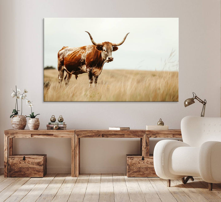 Texas Longhorn Canvas Wall Art Print – Majestic Western Cattle in Rustic Farmhouse Decor – Cow Wall Art Cowboy-Themed Living Room, Office,
