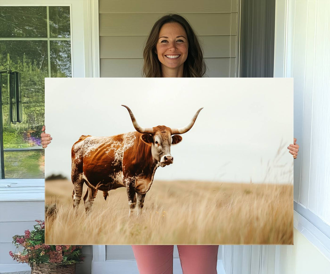 Texas Longhorn Canvas Wall Art Print – Majestic Western Cattle in Rustic Farmhouse Decor – Cow Wall Art Cowboy-Themed Living Room, Office,