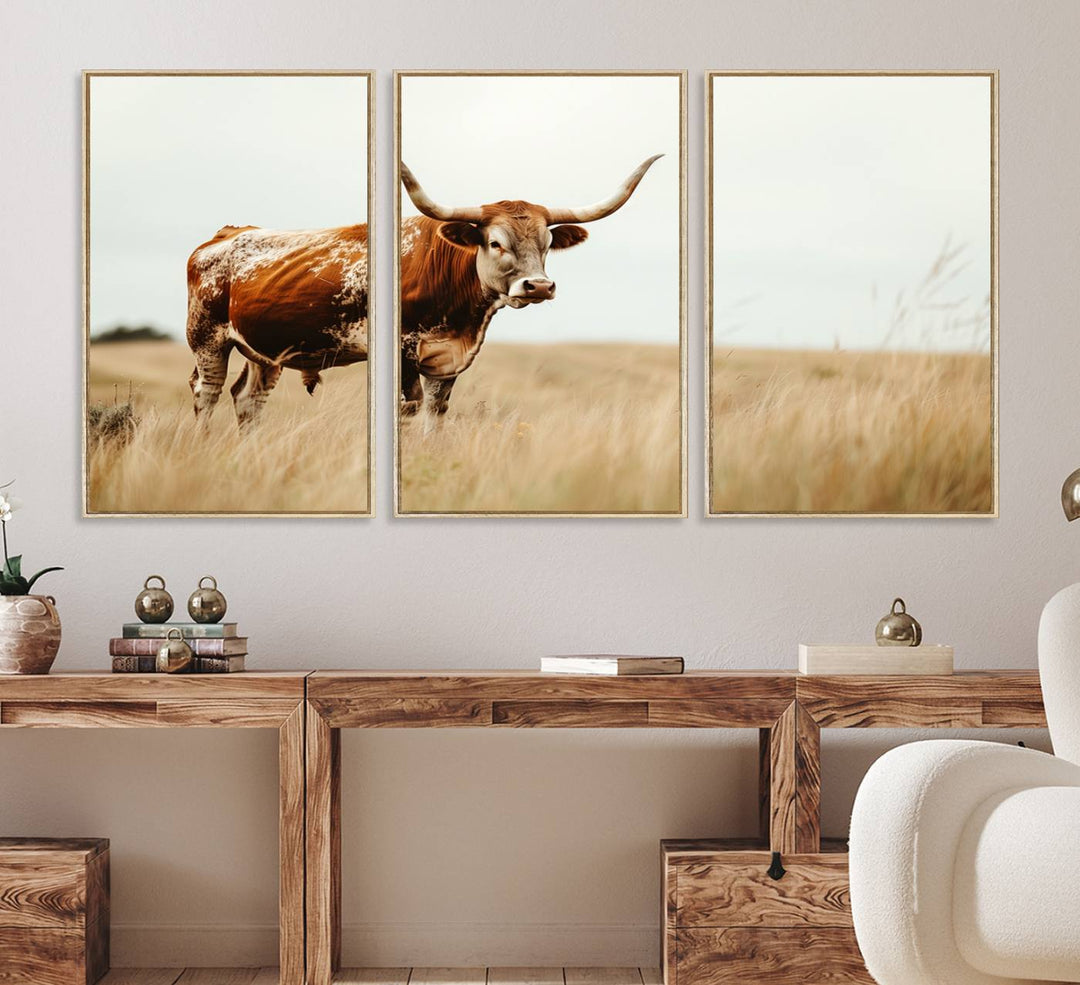 62910-MGV-FC-60X30-3P_Natural-Texas Longhorn Canvas Wall Art Print – Majestic Western Cattle in Rustic Farmhouse Decor – Cow Wall Art Cowboy-Themed Living Room, Office,