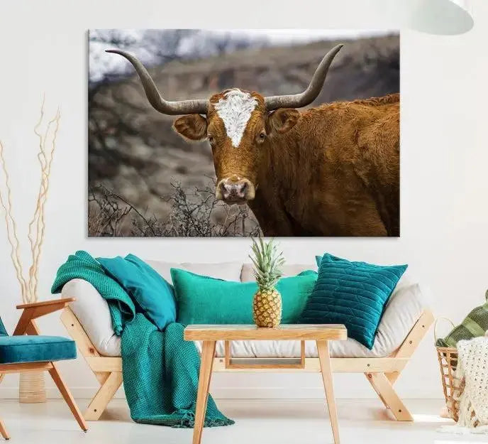 Texas Longhorn Canvas Wall Art - Rustic Western Animal Print, Large Longhorn Decor for Living Room, Farmhouse Wall Art