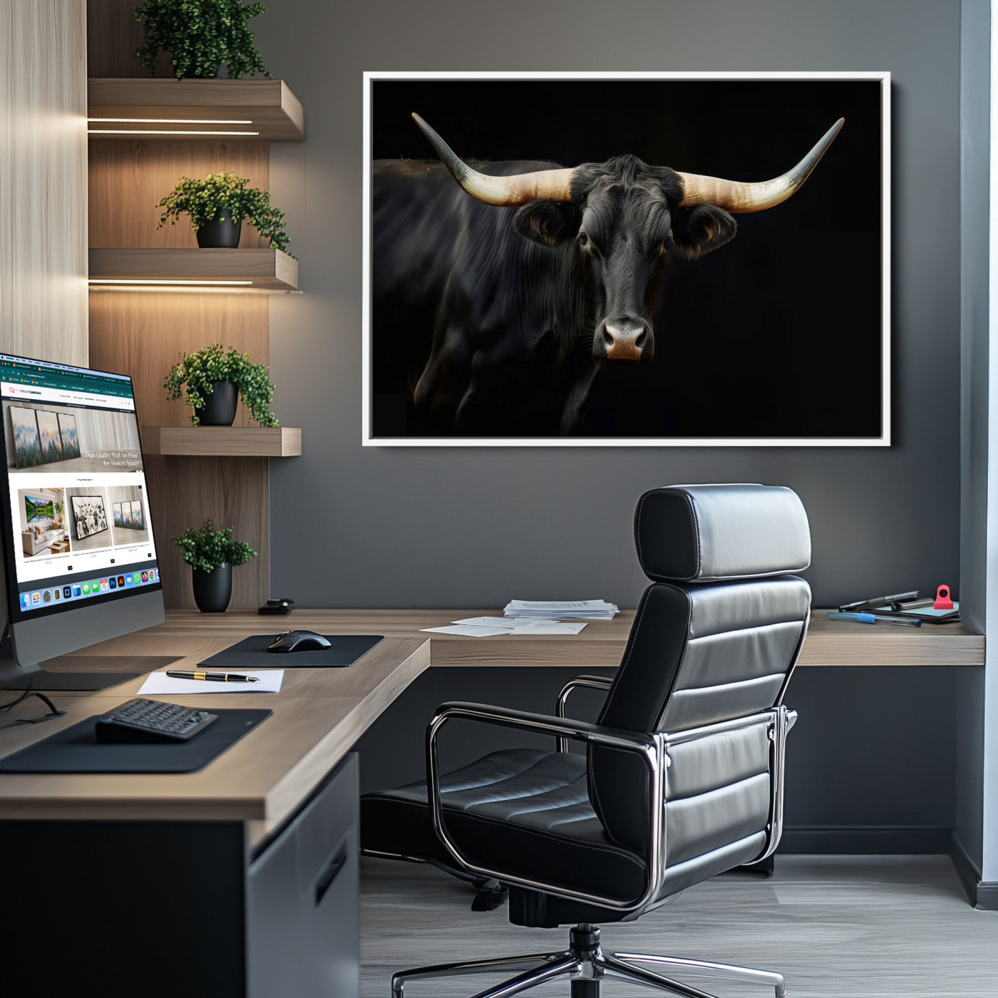 Texas Longhorn Cow | Majestic Black Bull Wall Art Canvas Print - Farmhouse Animal Decor - Ready to Hang