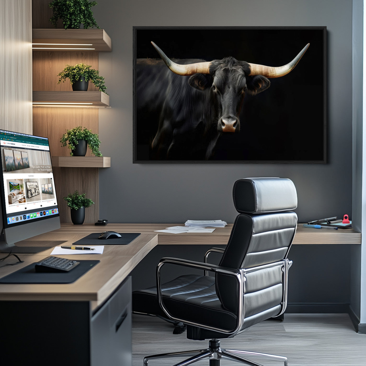 Texas Longhorn Cow | Majestic Black Bull Wall Art Canvas Print - Farmhouse Animal Decor - Ready to Hang