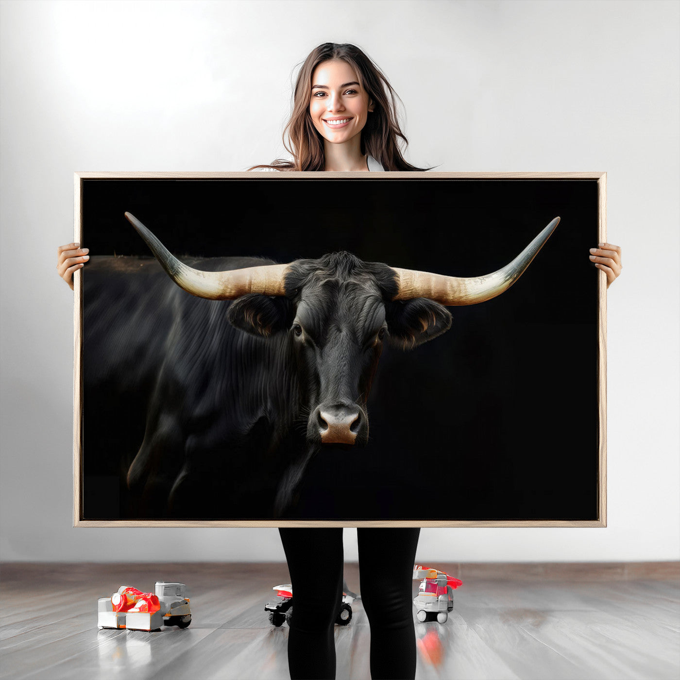 Texas Longhorn Cow | Majestic Black Bull Wall Art Canvas Print - Farmhouse Animal Decor - Ready to Hang