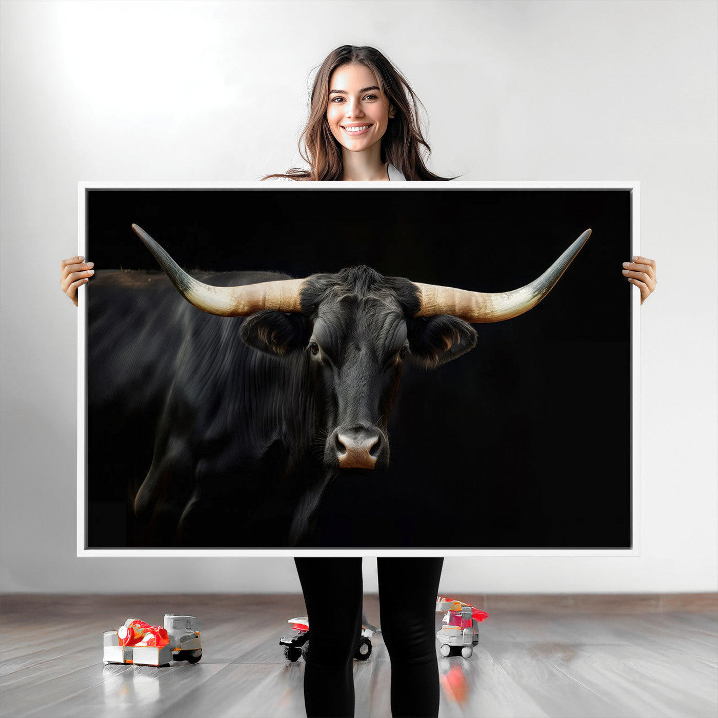 Texas Longhorn Cow | Majestic Black Bull Wall Art Canvas Print - Farmhouse Animal Decor - Ready to Hang