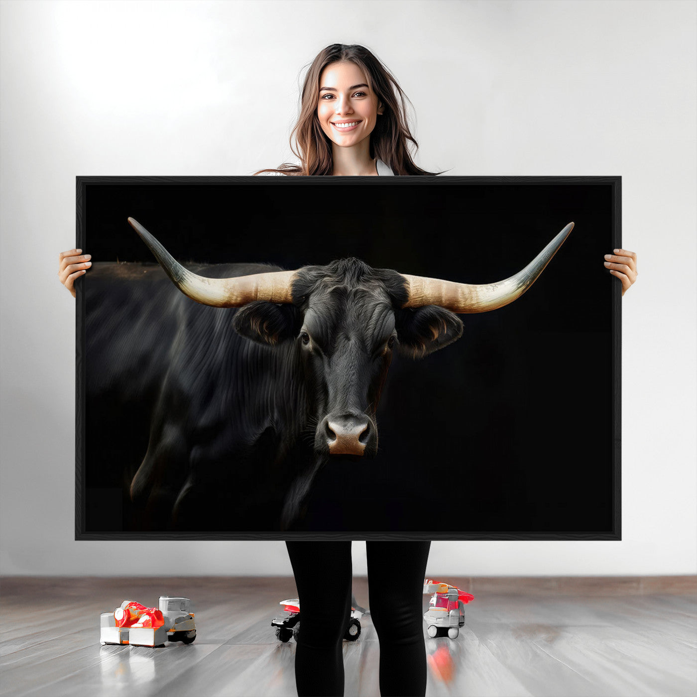Texas Longhorn Cow | Majestic Black Bull Wall Art Canvas Print - Farmhouse Animal Decor - Ready to Hang