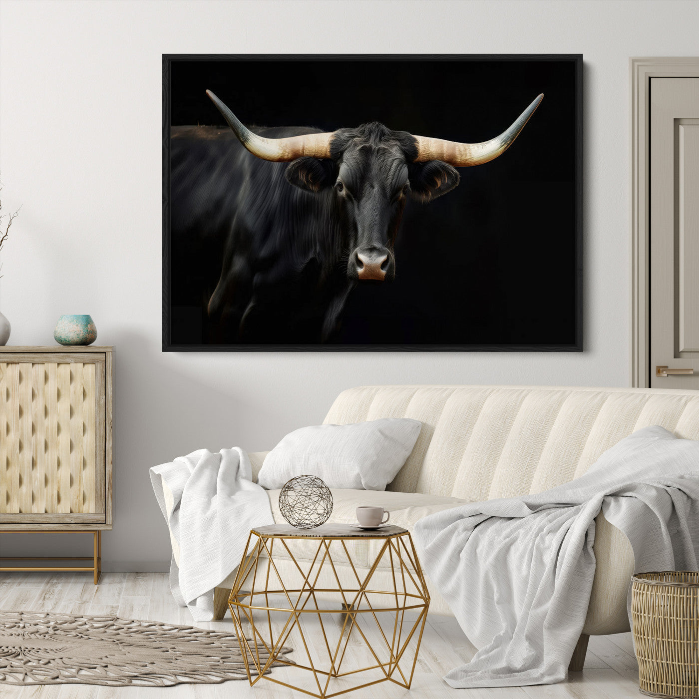 Texas Longhorn Cow | Majestic Black Bull Wall Art Canvas Print - Farmhouse Animal Decor - Ready to Hang