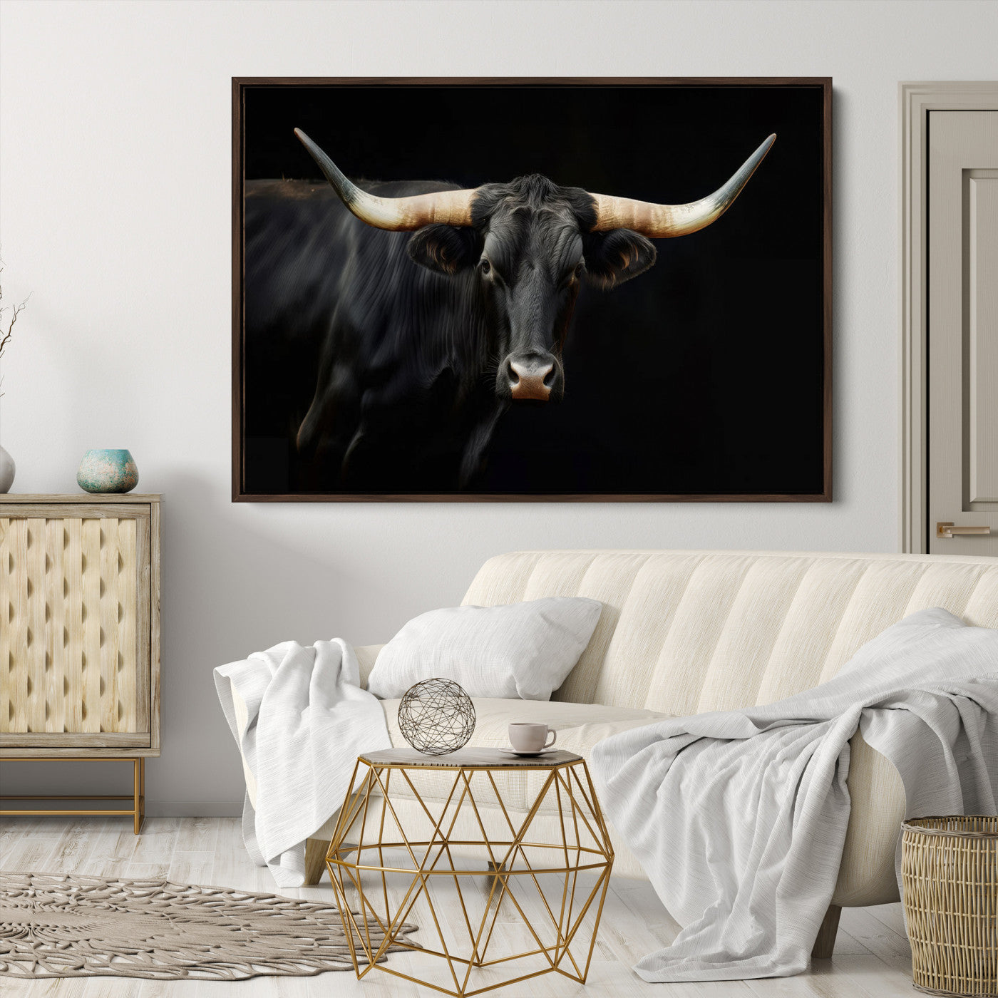 Texas Longhorn Cow | Majestic Black Bull Wall Art Canvas Print - Farmhouse Animal Decor - Ready to Hang