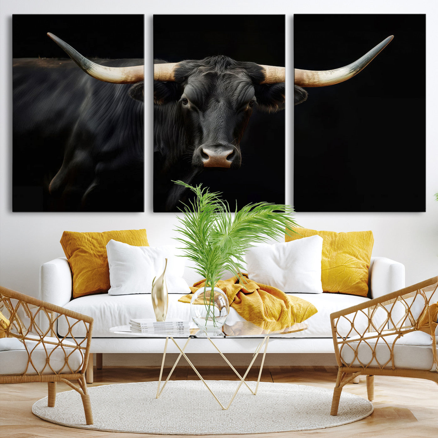 63798-MGV-CV-36X24-Texas Longhorn Cow | Majestic Black Bull Wall Art Canvas Print - Farmhouse Animal Decor - Ready to Hang