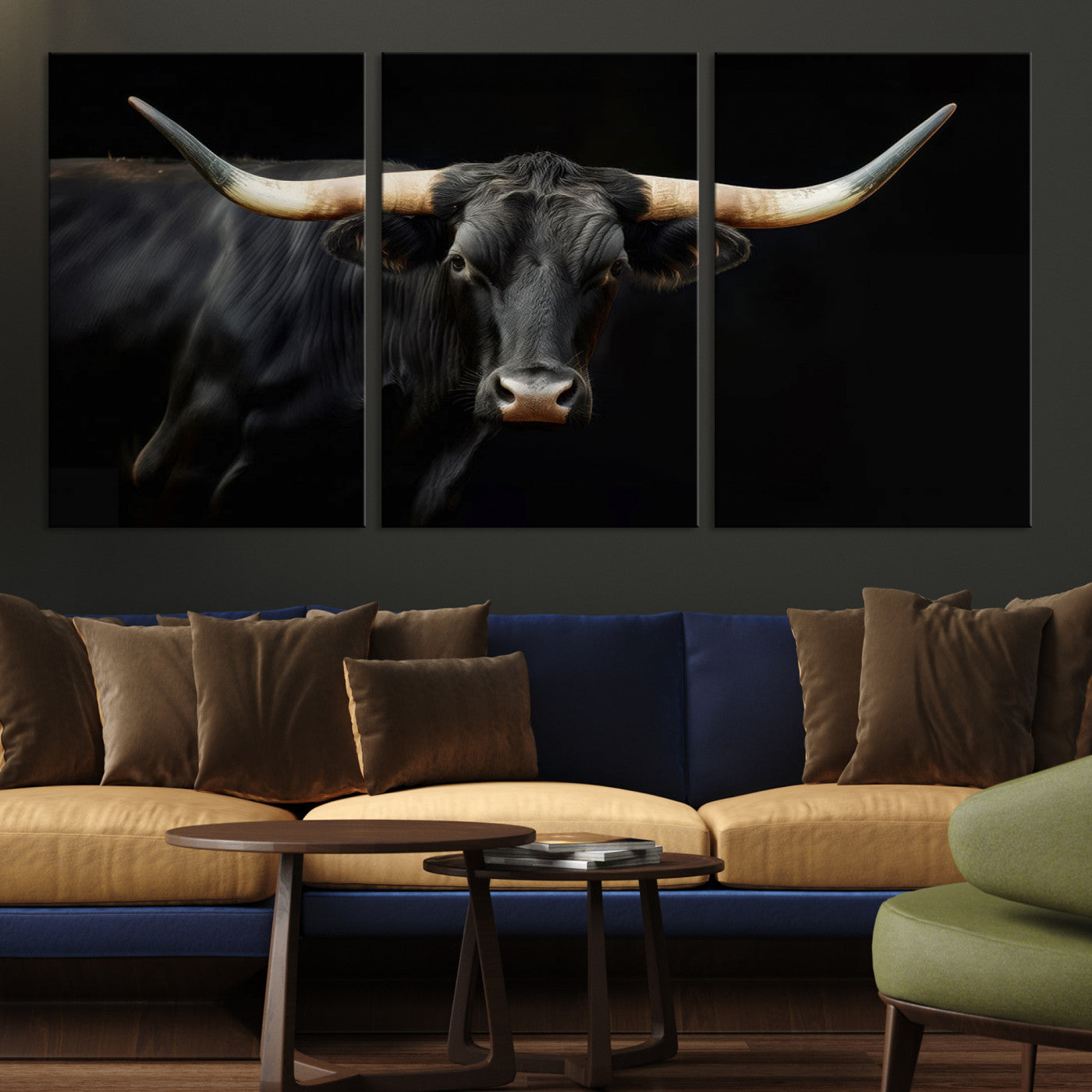 63798-MGV-CV-36X24-Texas Longhorn Cow | Majestic Black Bull Wall Art Canvas Print - Farmhouse Animal Decor - Ready to Hang