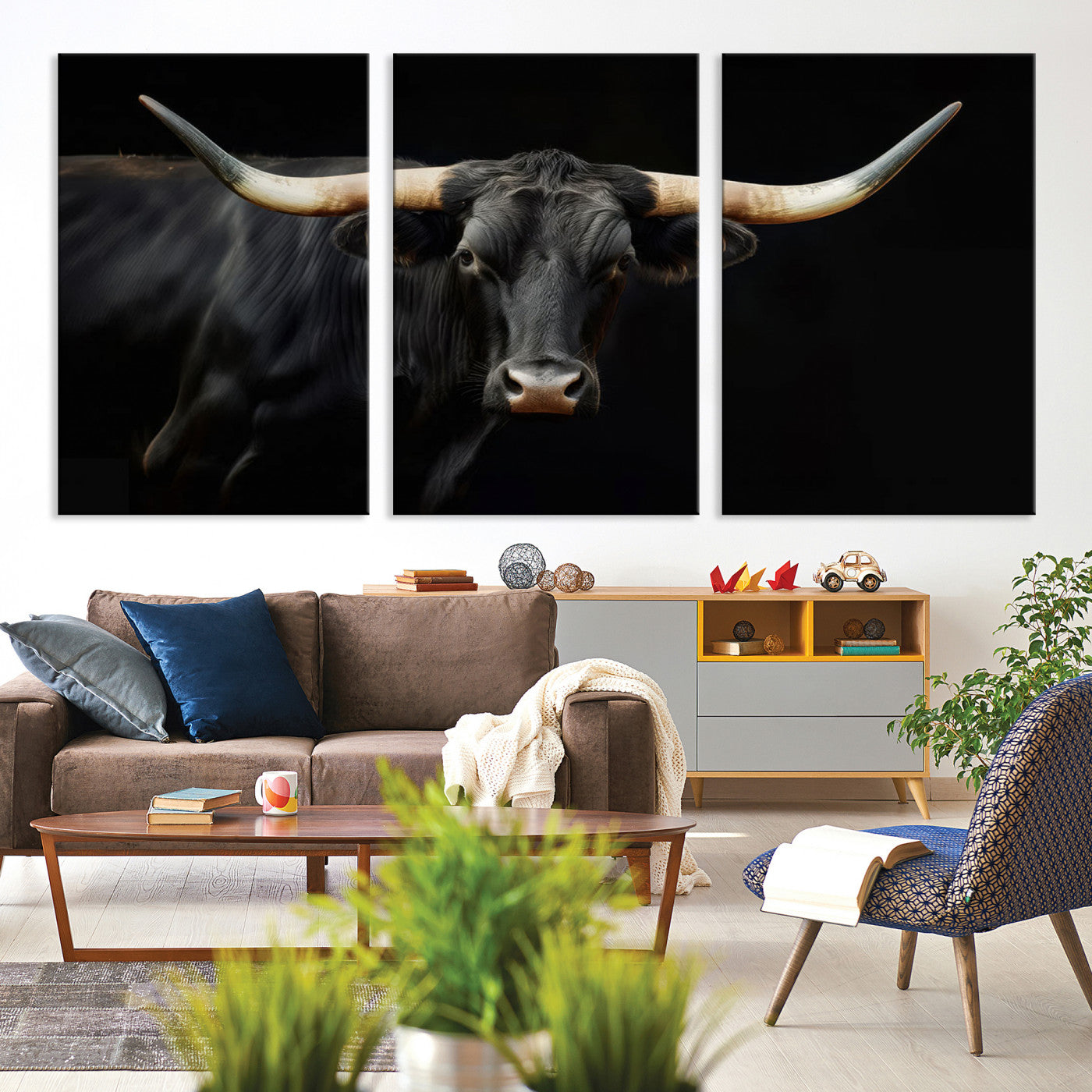63798-MGV-CV-36X24-Texas Longhorn Cow | Majestic Black Bull Wall Art Canvas Print - Farmhouse Animal Decor - Ready to Hang