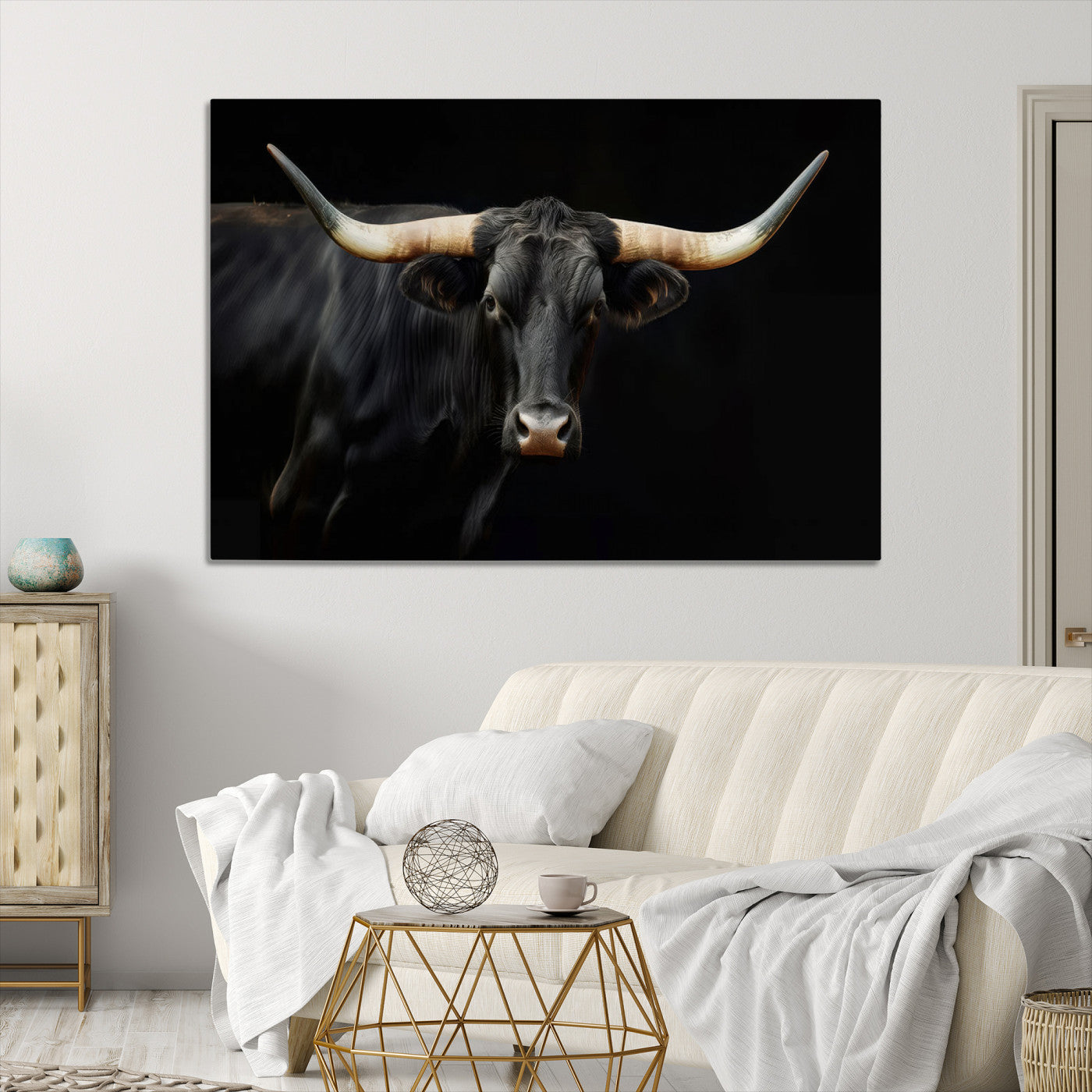 Texas Longhorn Cow | Majestic Black Bull Wall Art Canvas Print - Farmhouse Animal Decor - Ready to Hang