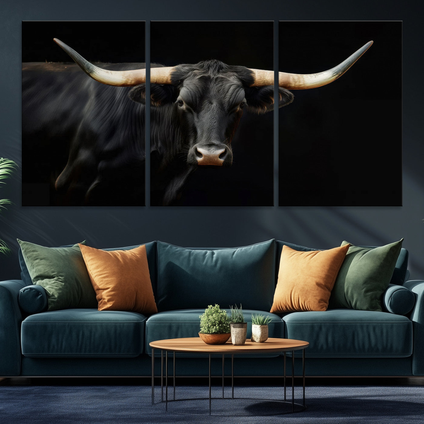 63798-MGV-CV-36X24-Texas Longhorn Cow | Majestic Black Bull Wall Art Canvas Print - Farmhouse Animal Decor - Ready to Hang