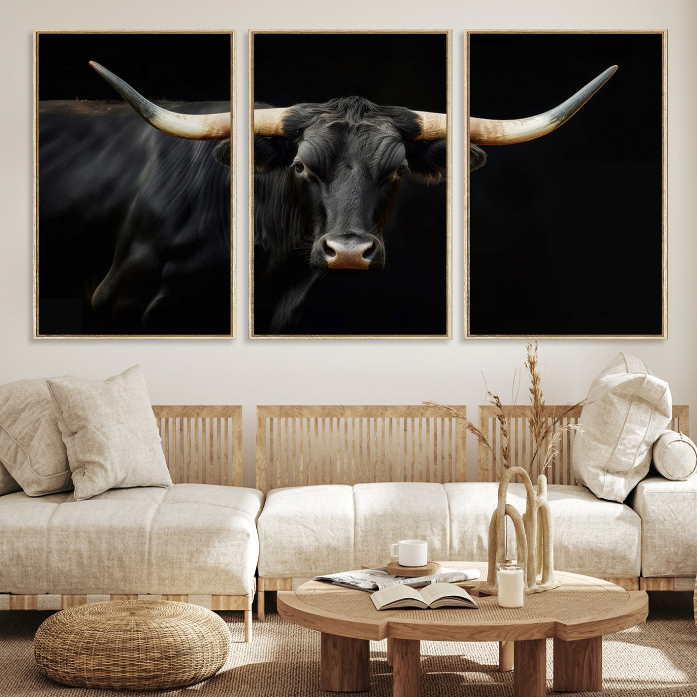 63798-MGV-CV-36X24-Texas Longhorn Cow | Majestic Black Bull Wall Art Canvas Print - Farmhouse Animal Decor - Ready to Hang