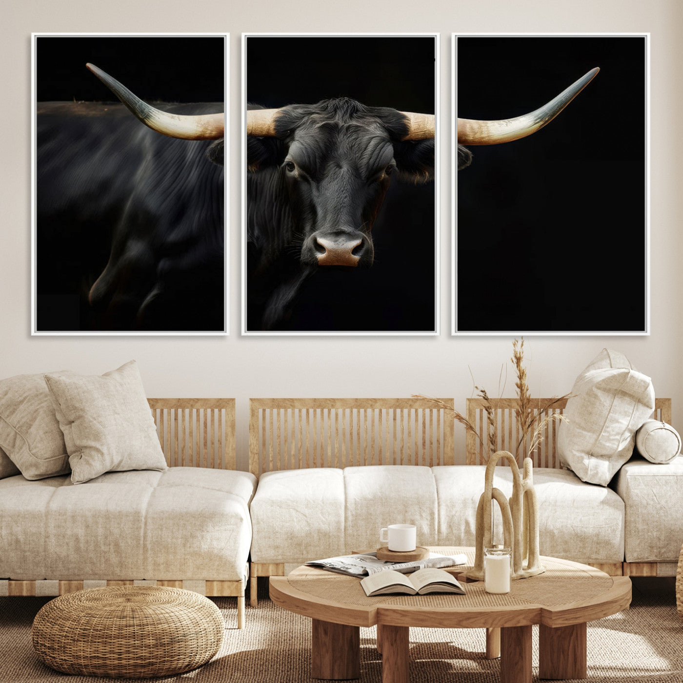 63798-MGV-CV-36X24-Texas Longhorn Cow | Majestic Black Bull Wall Art Canvas Print - Farmhouse Animal Decor - Ready to Hang