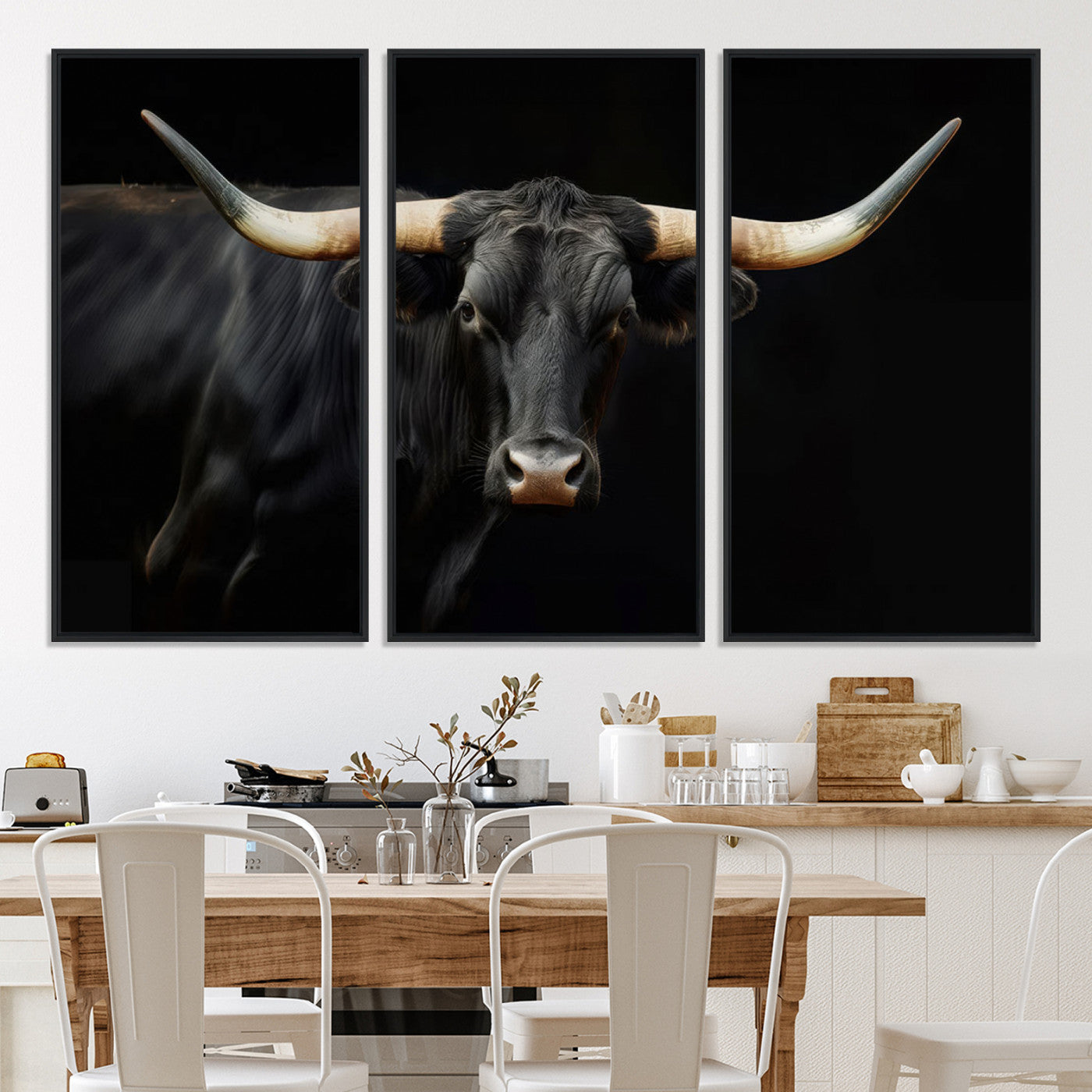 63798-MGV-CV-36X24-Texas Longhorn Cow | Majestic Black Bull Wall Art Canvas Print - Farmhouse Animal Decor - Ready to Hang