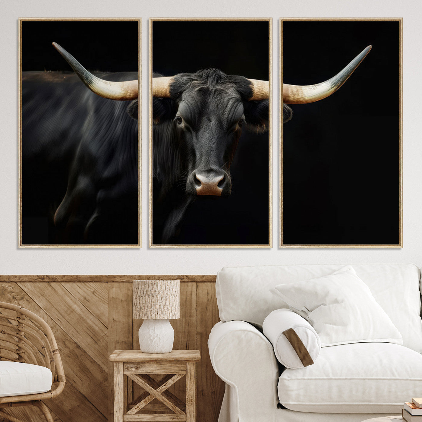 63798-MGV-CV-36X24-Texas Longhorn Cow | Majestic Black Bull Wall Art Canvas Print - Farmhouse Animal Decor - Ready to Hang
