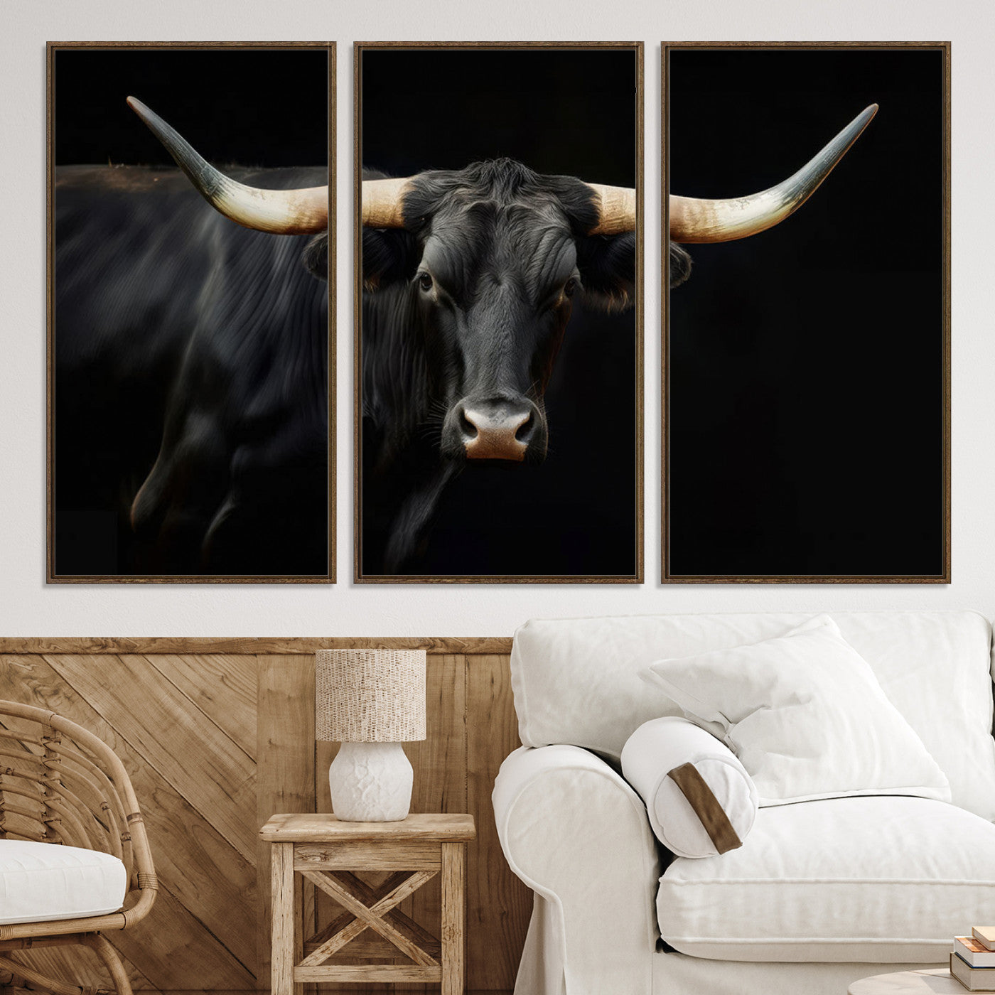 63798-MGV-CV-36X24-Texas Longhorn Cow | Majestic Black Bull Wall Art Canvas Print - Farmhouse Animal Decor - Ready to Hang