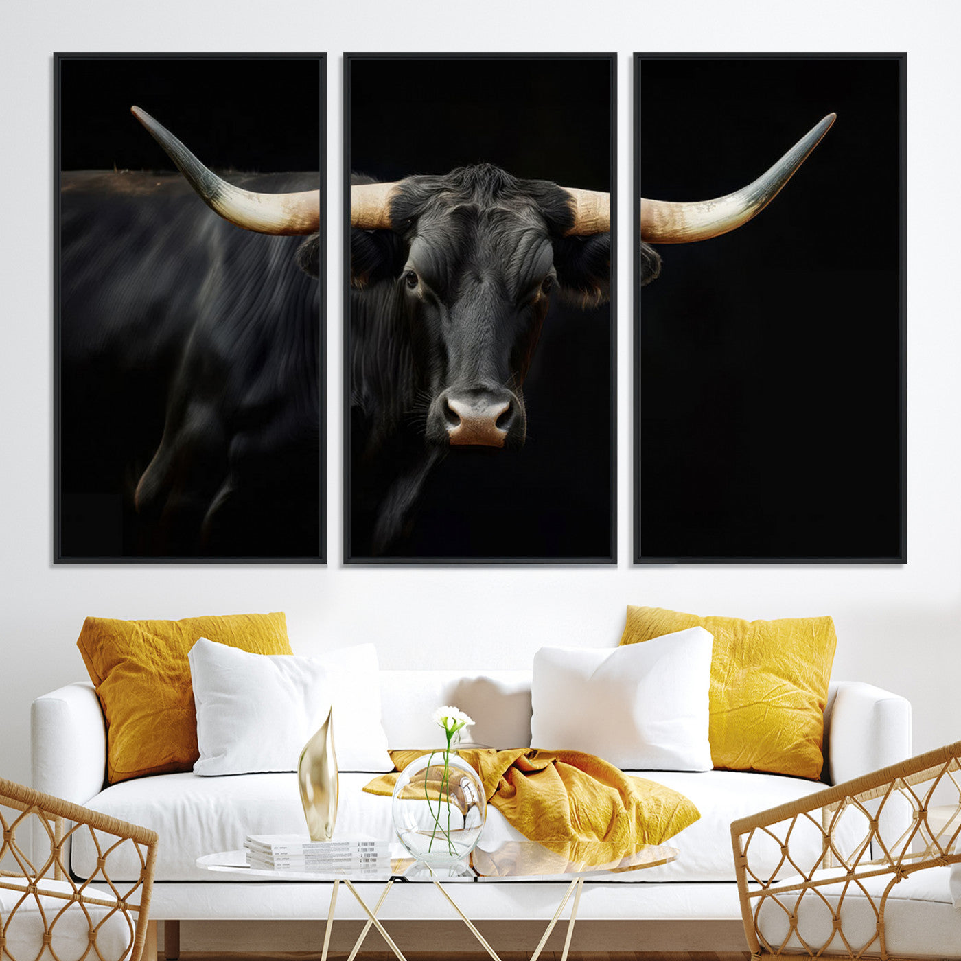 63798-MGV-CV-36X24-Texas Longhorn Cow | Majestic Black Bull Wall Art Canvas Print - Farmhouse Animal Decor - Ready to Hang